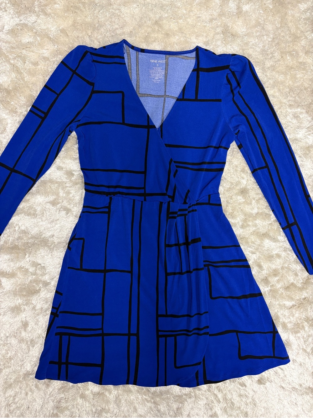 Nine West Blue Long-Sleeve Patterned Wrap-Style Dress: Like New